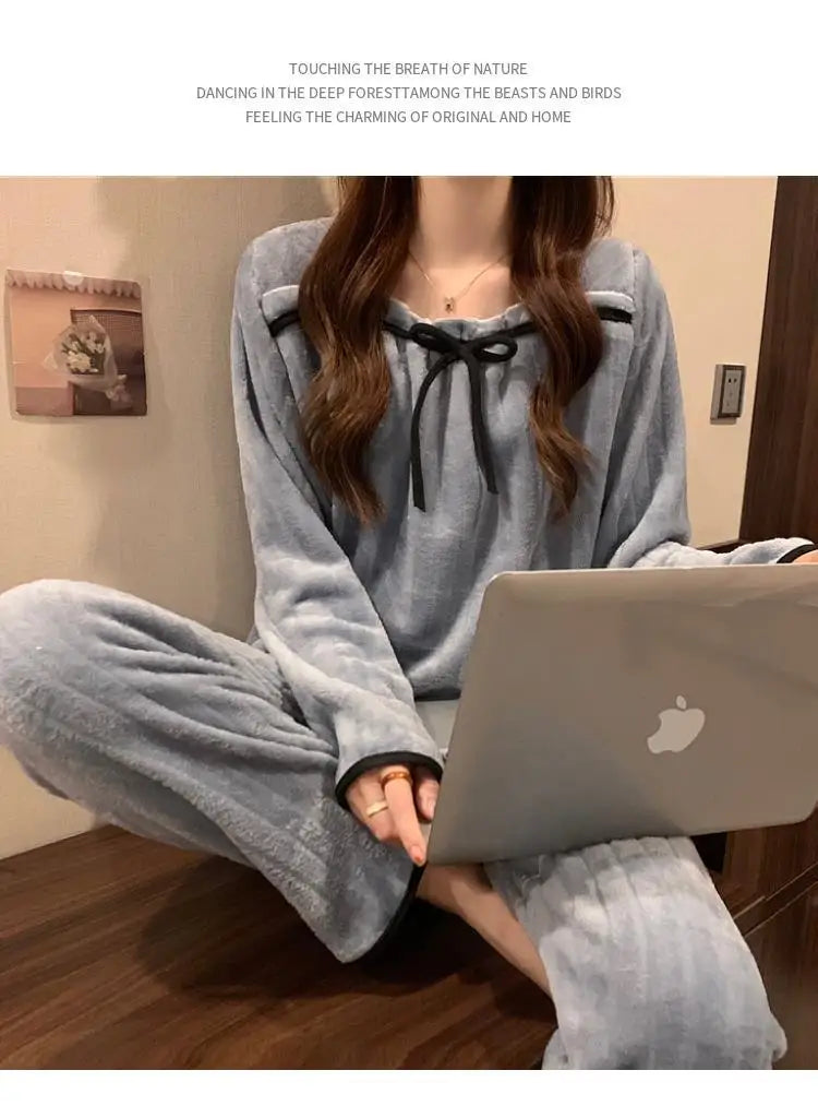 Coral Fleece Pajamas Sets for Women Autumn Winter Thick Warm Sweet Long Sleeve Sleepwear Nightgown Pijama Suit Mujer Homewear