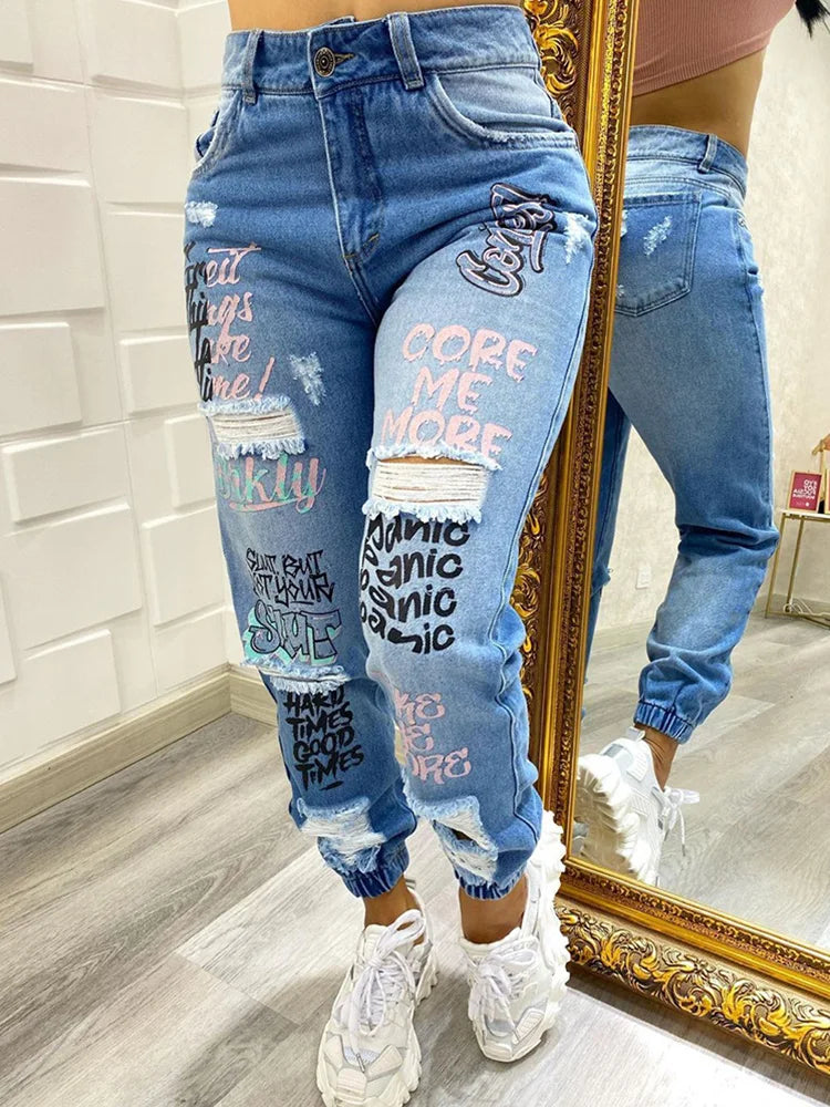 2024 New Letter Print Slant Pocket Ripped Jeans Casual Jeans Women - reetell