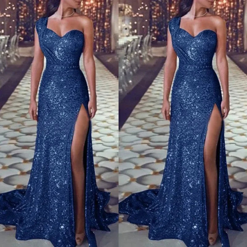 2024 Women's Wedding Party Dress Evening Elegant Sexy Deep V Neck One Shoulder Sleeveless Sequined Long Maxi Dresses For Women - reetell