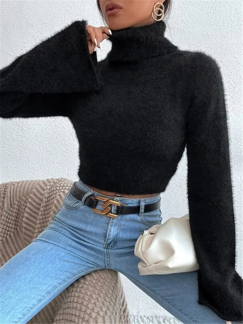 Autumn and winter Europe and the United States cross-border new Amazon turtleneck short belly button fleece sweater - reetell