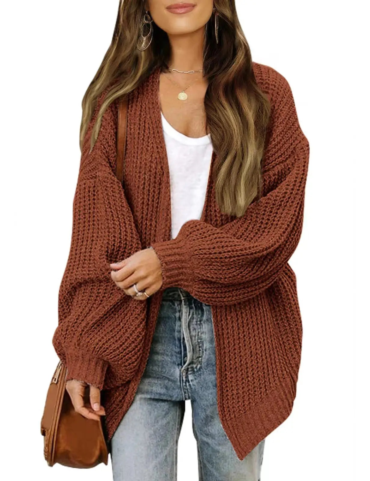 HELIAR Women Solid Cardigan Sweater Coat Loose Casual Lantern Sleeve Jacket Knitted Coat For Women 2024 Autumn And Winter - reetell