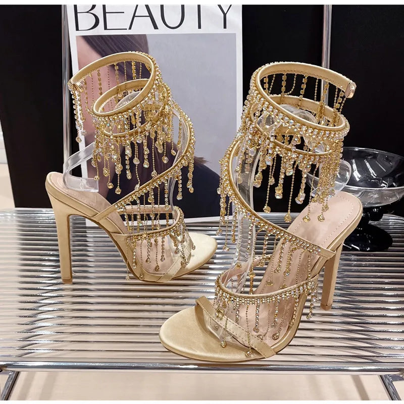 Runway style Bling Bling Crystal Tassels Snake Coiled Women Sandals Sexy Stiletto High heels Summer Fashion Party Prom Shoes - reetell