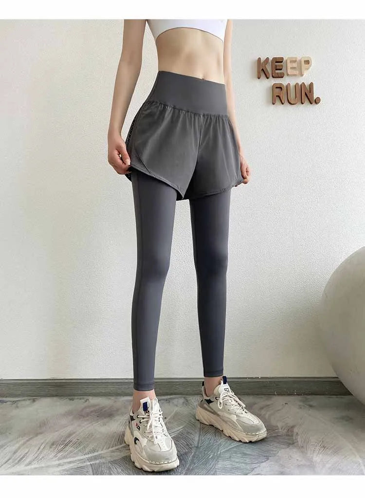 Women Gym Yoga Pants Fake 2 Pieces Sports Pants With Shorts Quick Dry Outdoor Fitness Training Workout Running Tights Leggings - reetell