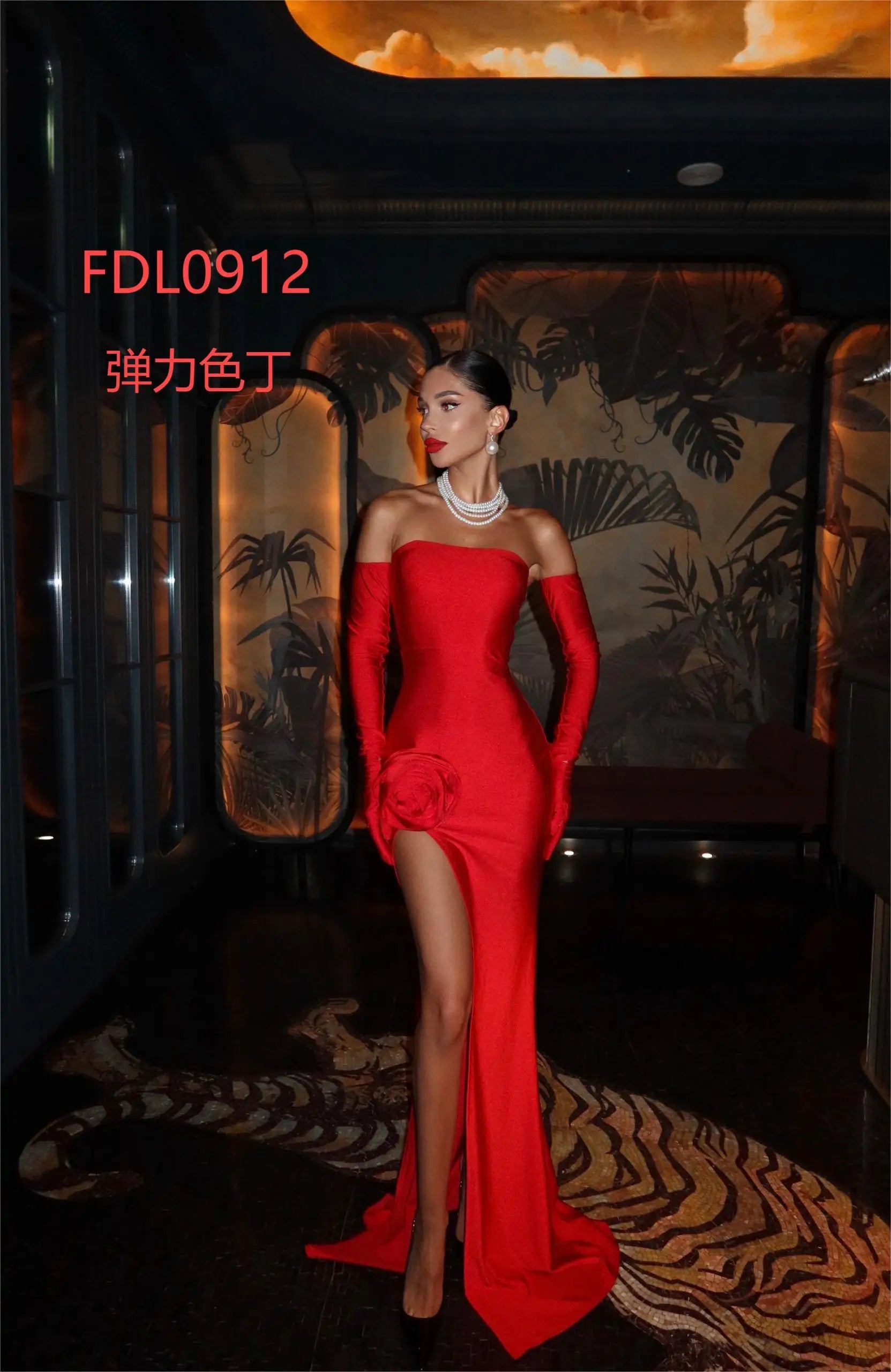 Articat Elegant Strapless Elastic Tight Dress For Women 3D Flower High Slit Gloves Female Vestidos Sexy Party Club Evening Dress - reetell