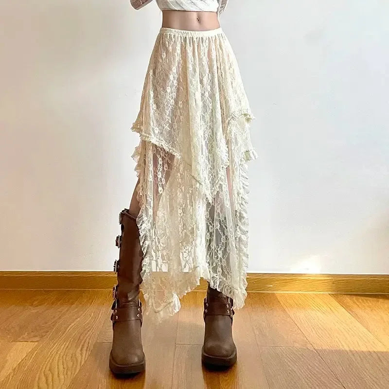 Lace Asymmetrical Skirt Fairycore Women Vintage Y2K Boho Aesthetic Fashion High Waist Mid Skirts Lady Holiday Outfits - reetell