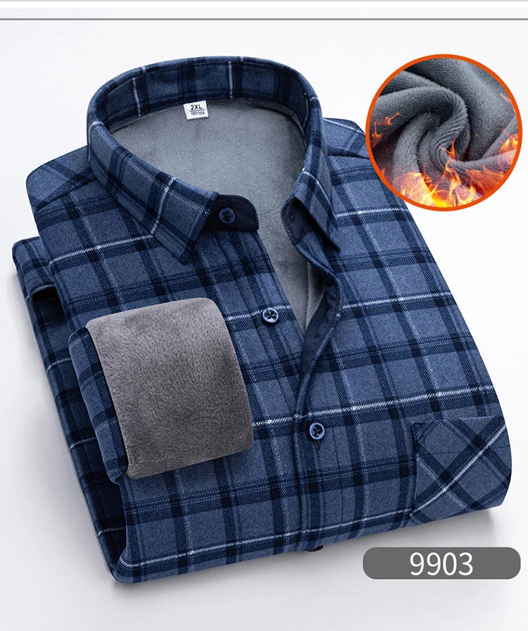 Autumn Winter Thicken Fleece Shirt Men Business Plaid Shirt Long Sleeve Warm Clothes Turn Down Collar Button Up Shirts Classic - reetell