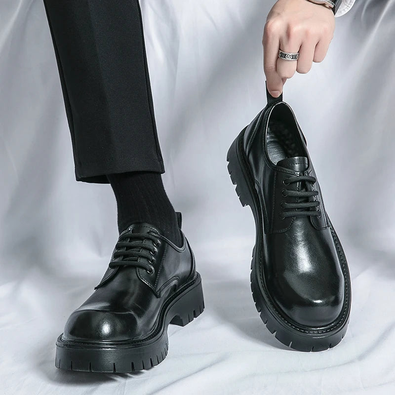 Men Casual Large Toe Original Black Platform Business Thick Bottom Dress Shoes Men Gentleman Outdoor Patent Leather Safety Shoes - reetell