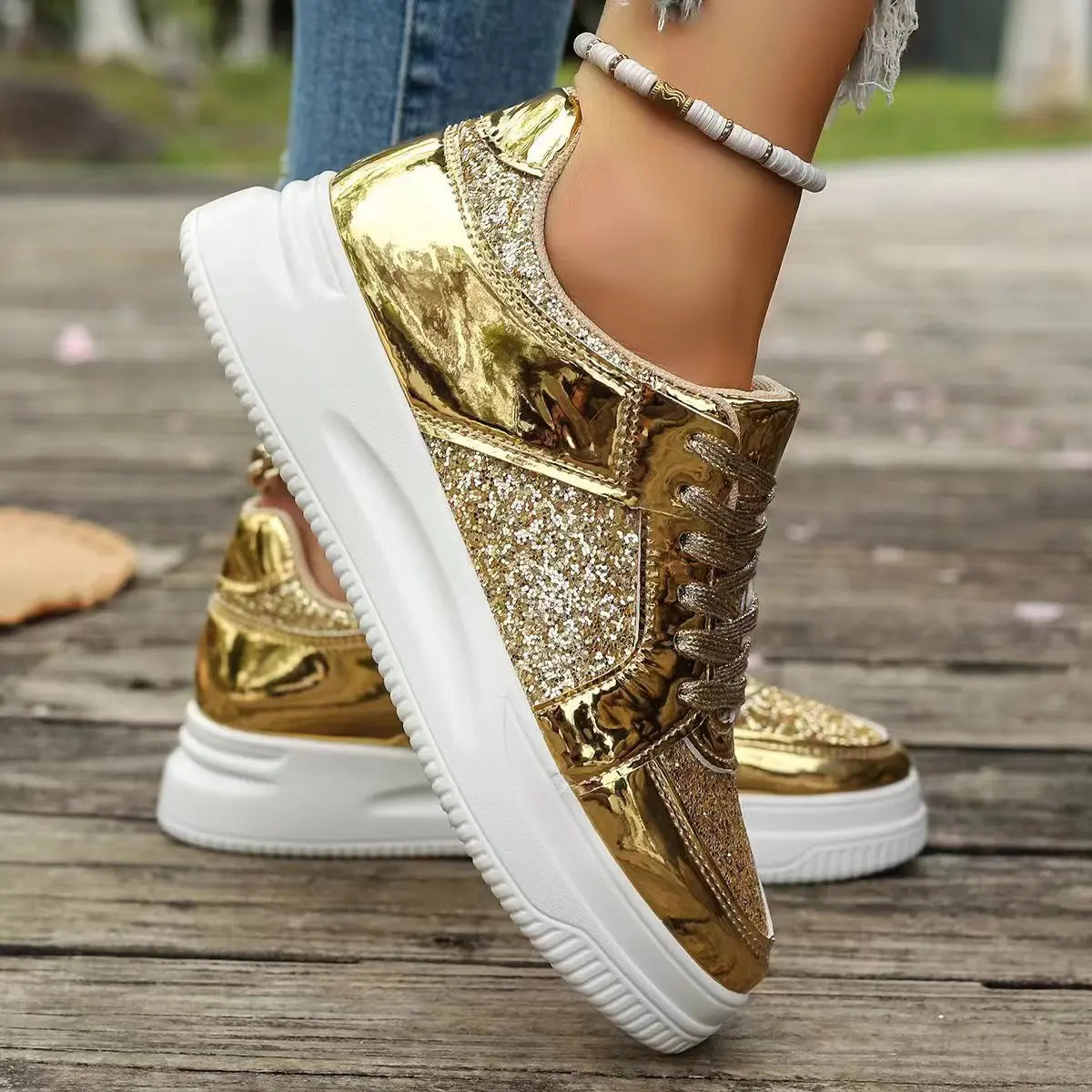 Women's Gold Sequins Platform Sneakers Autumn Fashion Casual Sports Shoes Thick Bottom Vulcanized Shoes Woman Flats Heels Shoes