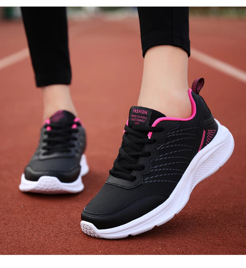 Waterproof Leather Chunky Sneakers for Women, Running Shoes, Casual Sports Shoes, Black Trainers, Autumn, Spring