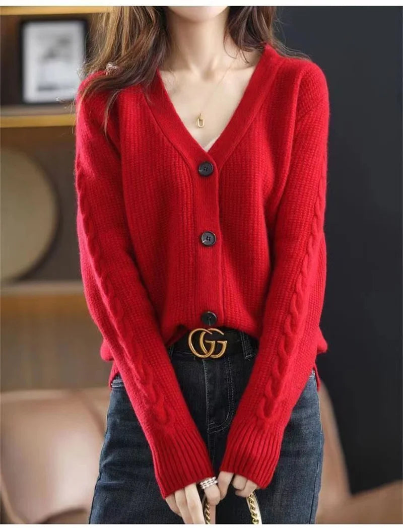 NewFall Fashion V Neck Women Knitted Sweater Cardigan Long Sleeve Soft Slim Sweater Outwear Femlae Solid Casual Knitted Sweater - reetell