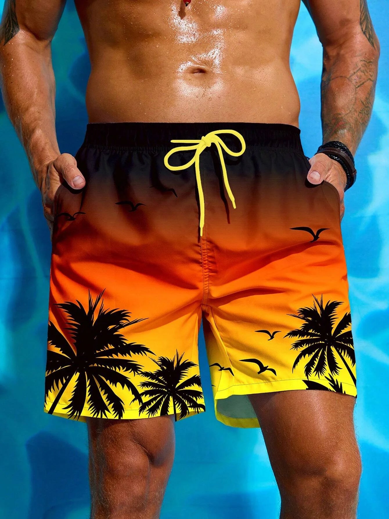 Summer Vacation Men's Palm Tree Print Drawstring Waist Board Shorts Fashion Swim Trunks 3D Print Breathable Short Streetwear - reetell