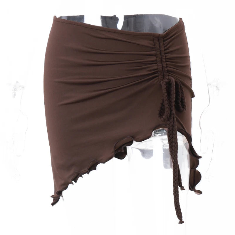 Xeemilo Y2K Irregular Shape Draw-string Mini Skirt Vintage Brown Sexy Bandage Low-waist Skirt Summer Chic Streetwear Short Dress - reetell