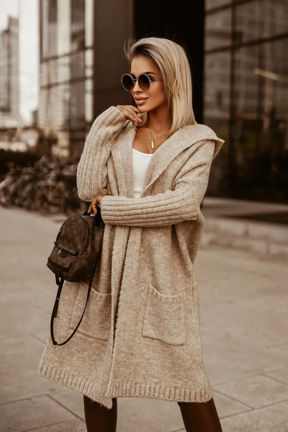 Letter Hooded Cardigan Knit Sweater Women Autumn Winter Loose Long Sleeve Coat Long Knitted Jacket Pocket Overcoat Office Lady - reetell