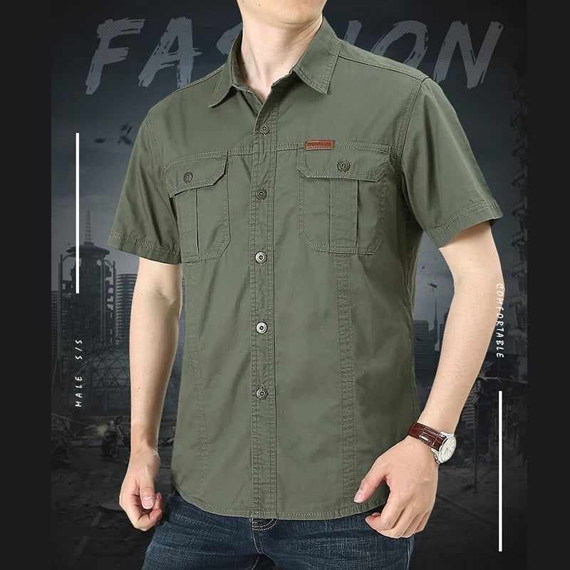 Summer Quick Dry Short Sleeve Army Fan Tactical Shirt Mens Thin Breathable Lapel Cargo Shirts Tops Outdoor Hiking Military Shirt