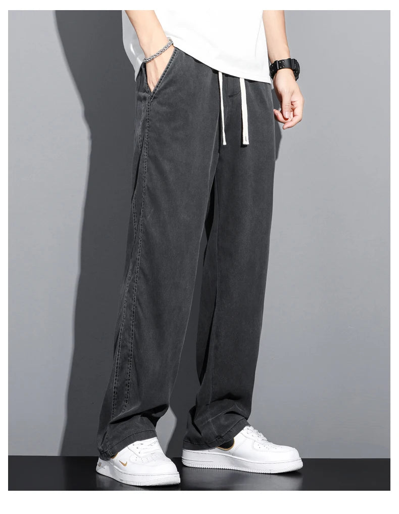 S-5XL 6Style,Men's Loose Jeans Summer Soft Lyocell Thin Fabric Straight Pants Drawstring Elastic Waist Korea Casual Trousers,Y2K - reetell