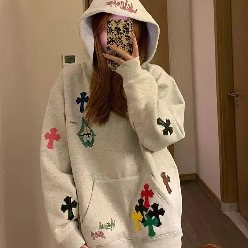 Hoodie Embroidered Colorful Cross Spring And Autumn Women'S 2024 New Popular Lazy Style Loose Plus Velvet Pullover Sweatshirt - reetell