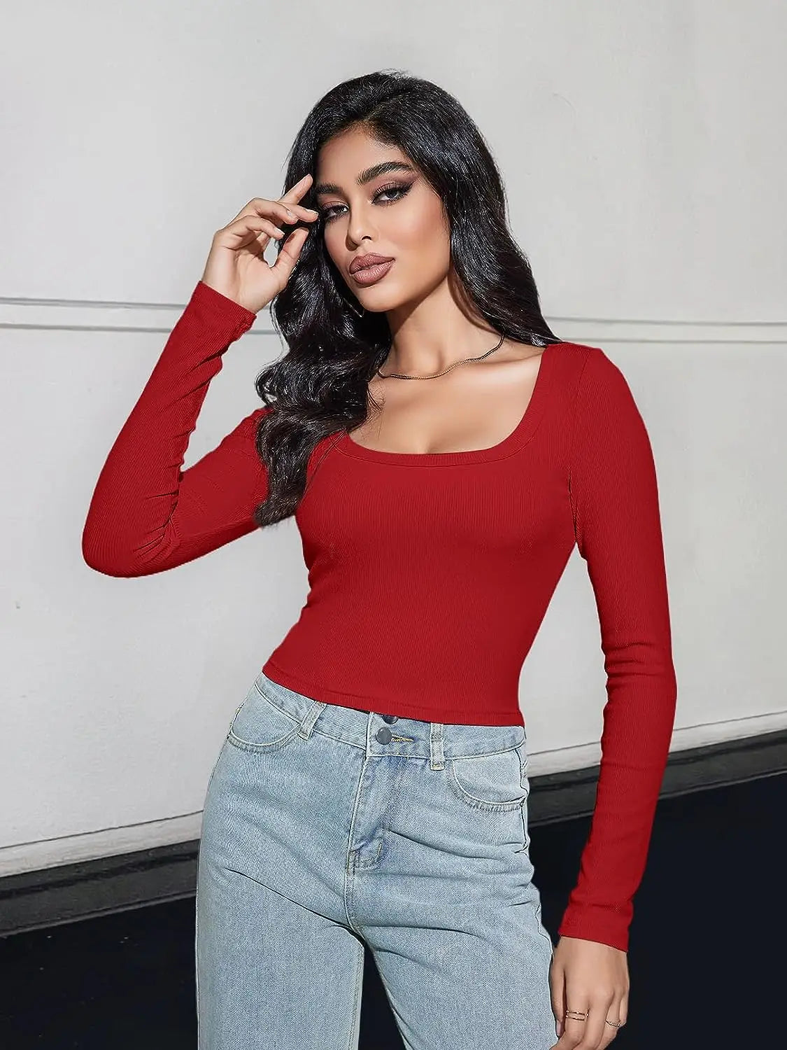 Women's Long Sleeve Square Neck Crop Top Ribbed Slim Fitted Y2K Casual T-Shirt Tops - reetell