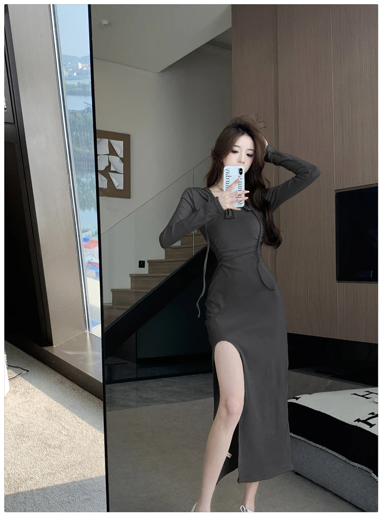 Autumn Fashion Solid Hooded Party Dresses for Women Elegant Birthday Evening Dress Female Sweatshirt Slit Midi Vestidos Mujer - reetell