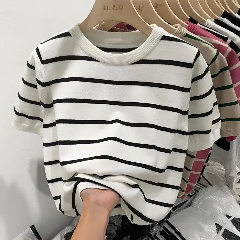 White Striped Short Sleeved T-shirt for Women Fashion LOOSE T-shirts Casual Simple Versatile Knitted Top Women 2024 Summer New - reetell