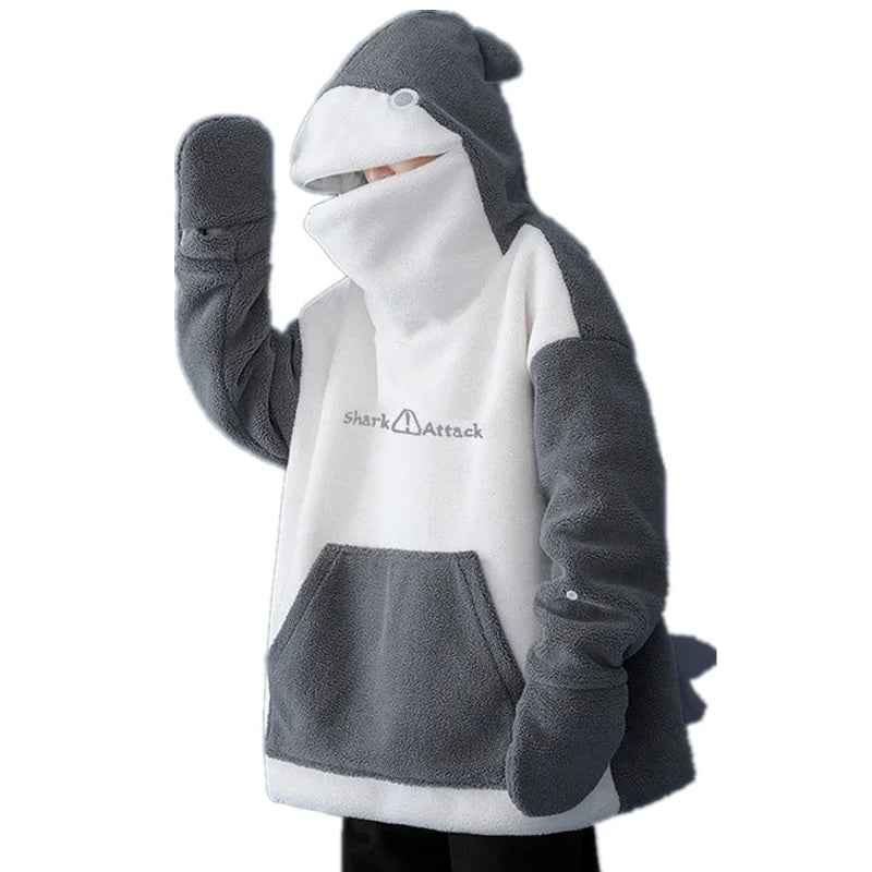 Cute Shark Shape Hoodies Couples Matching Women Kawaii Loose Tops Lambswool Zipper Hooded Sweatshirts Big Pockets Pullovers - reetell