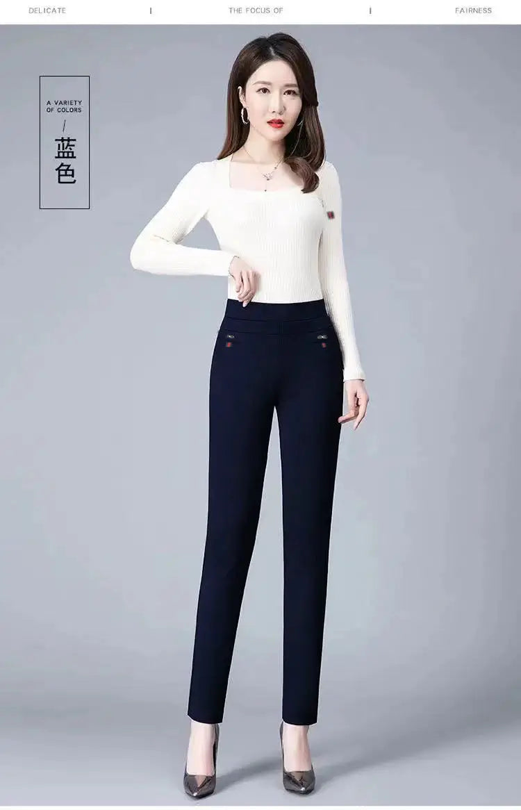 Office Lady Solid Big Size 6XL All-match Pencil Pants Spring Autumn Fashion Women Elastic High Waist Pockets Straight Trousers - reetell