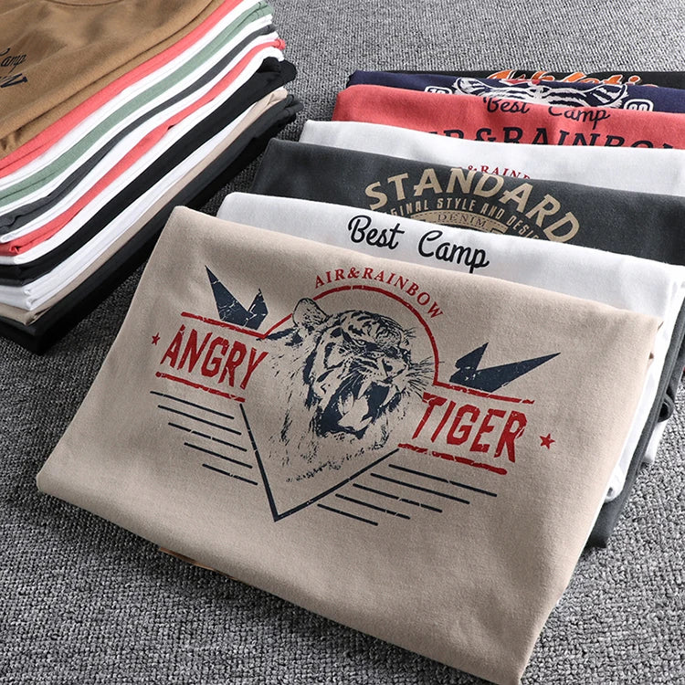 Summer New American Retro Short-sleeved O-neck Eagle Printed T-shirt Men's Fashion Simple 100% Cotton Washed Casual Sport Tops