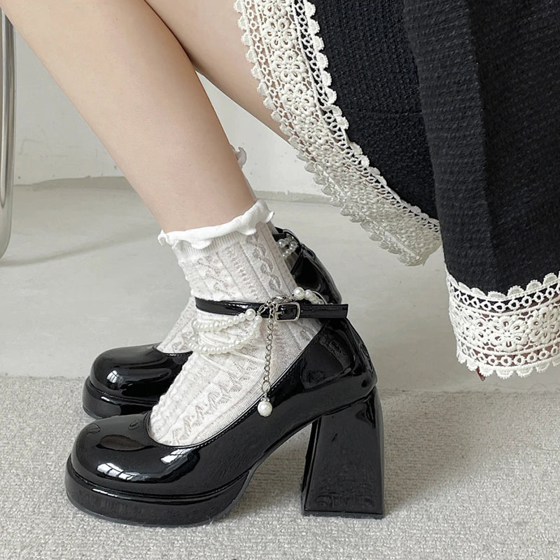 Y2K Chunky Platform High Heels Pumps Women 2023 Summer Patent Leather Black White Lolita Shoes Woman Pearl Ankle Straps Pumps