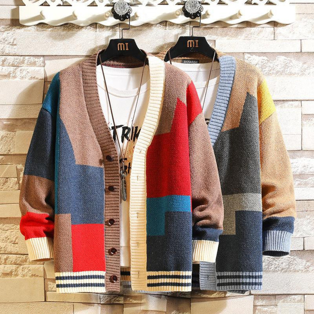 The new men's colorful sweater cardigan splicing V-neck knitwear large size jacket - reetell