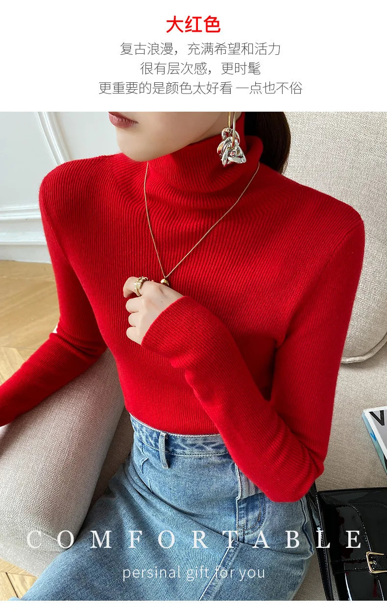 Women Sweater Winter Cashmere Turtleneck Warm Knitwear Korean Casual Solid Bottoming Shirt Fashion Knit Pullovers Brown Sweater - reetell