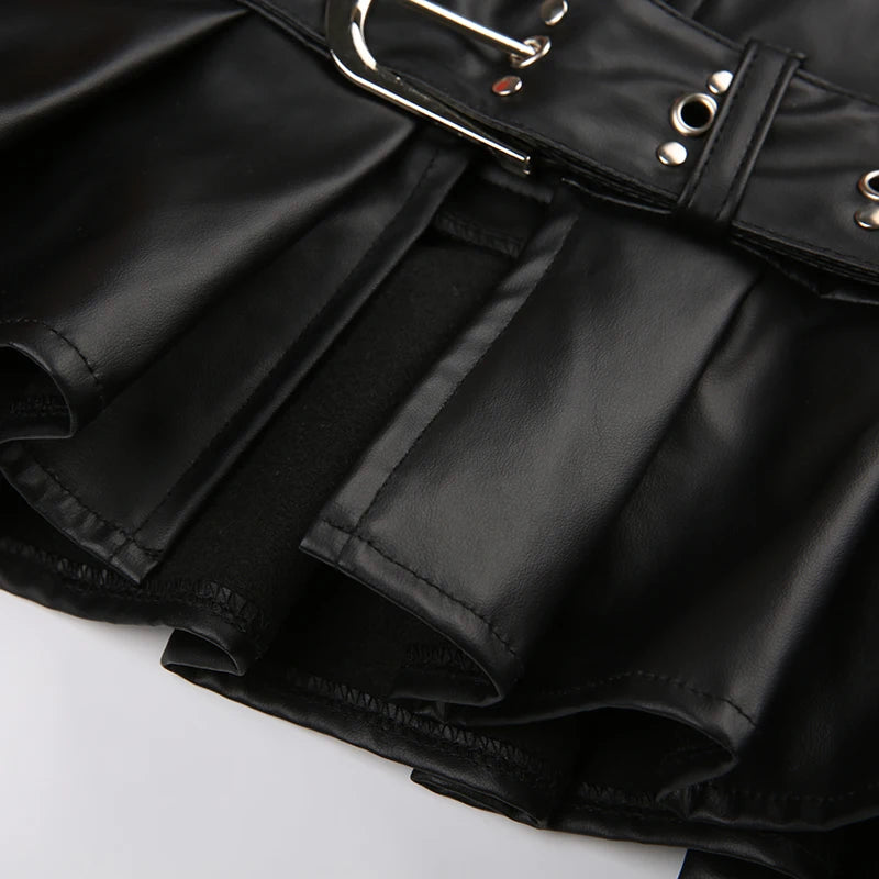 Rockmore PU Leather Women'S Mini Skirt Belt Low Waist Gothic Black Vintage y2k Streetwear Zipper Pleated Skirt Harajuku Korean - reetell