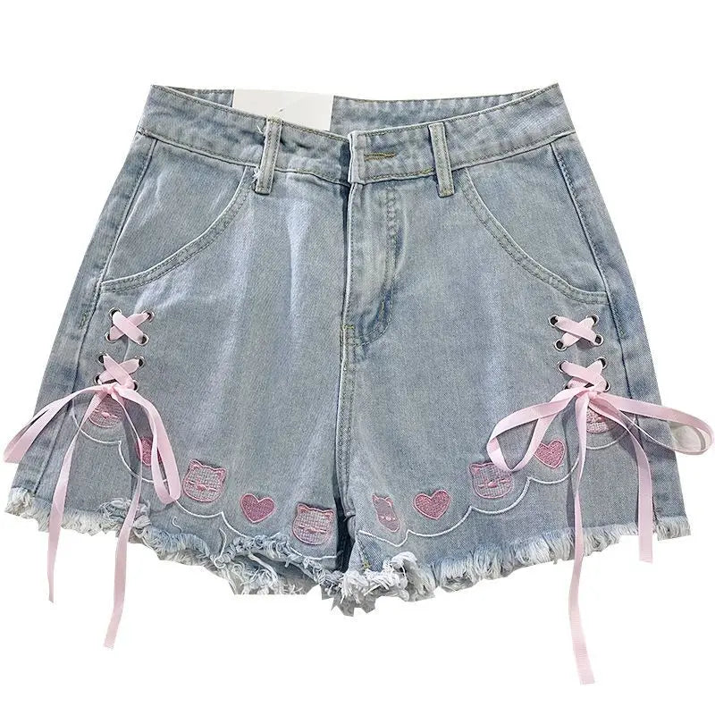 Japanese Denim Shorts Women 2024 New Bottoms Hig Waist Embroidery Bandage Pants Tunic Cute Shorts Pantalones Cortos De Mujer - reetell