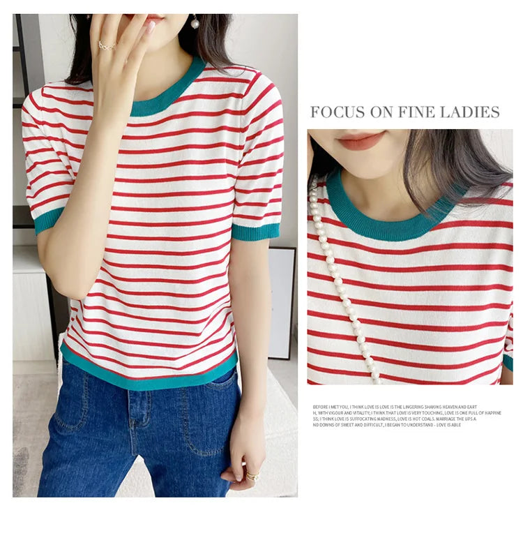 Short Sleeve T-shirts Women Striped Basic Chic Simple All-match Harajuku Retro Cotton O-neck Trendy Loose Leisure Cozy Womens - reetell