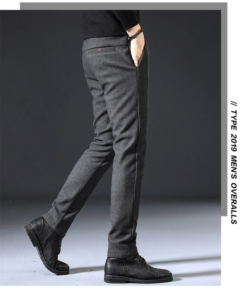 2023 New Autumn Winter Classic Work Stretch Pants Men Cotton Business Slim Fit Grey Black Korea Thick Casual Cargo Trousers Male - reetell