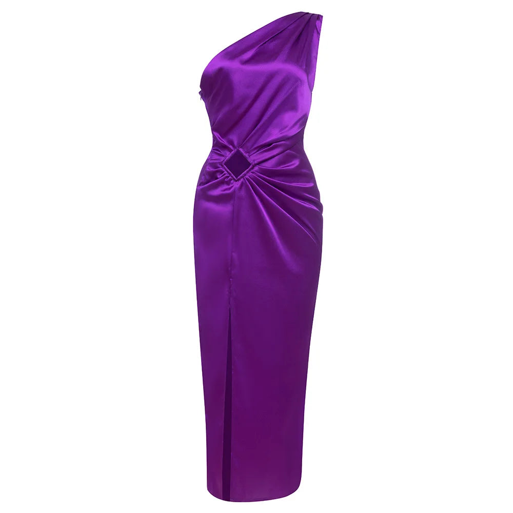 New Ladies Purple One Shoulder Sexy Skinny Draped Sleeveless Sequin Cutout High Slit Long Celebrity Party Dress - reetell