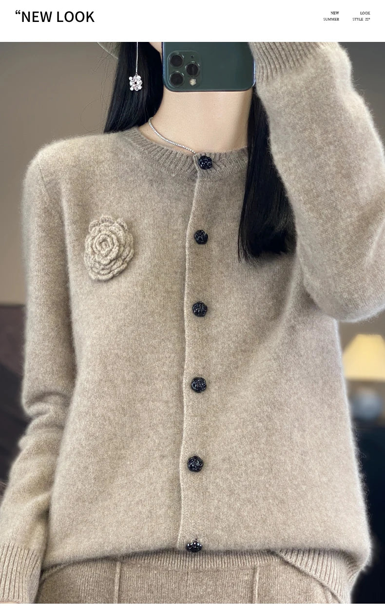 100% Merino Cashmere Sweater Women's Cashmere Cardigan sweater loose solid color autumn and winter comfort top - reetell