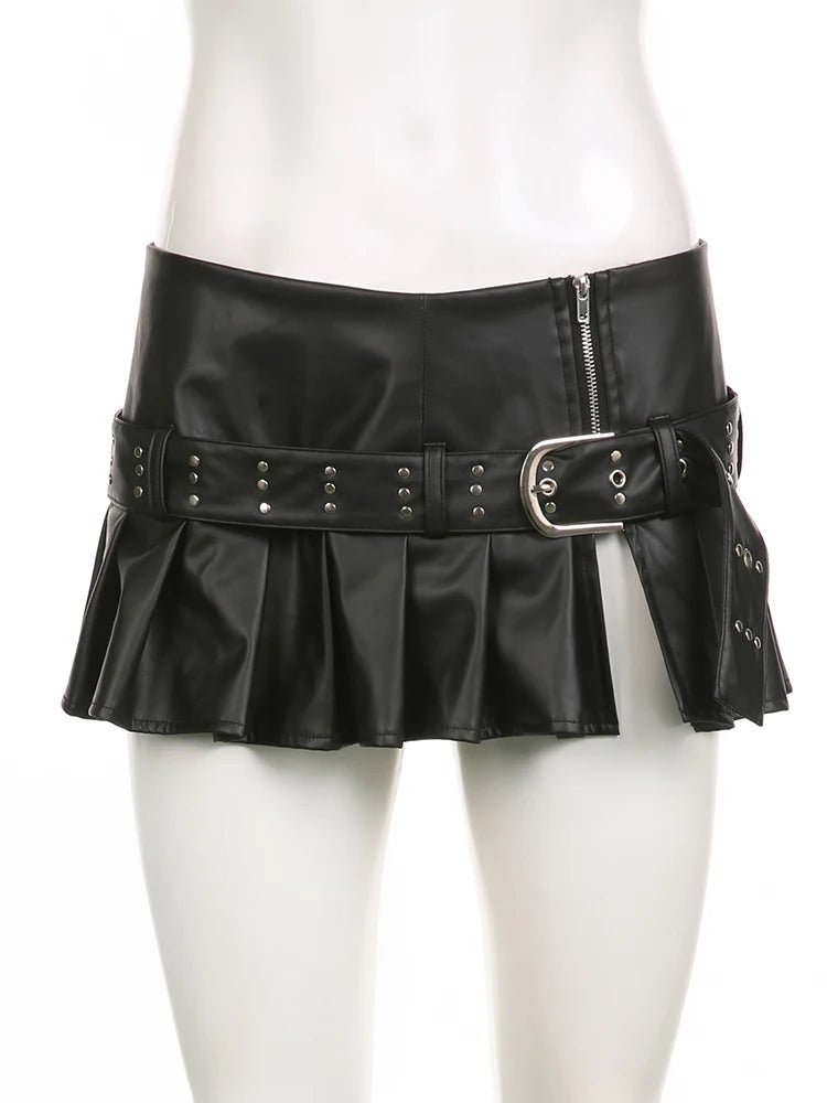 Rockmore PU Leather Women'S Mini Skirt Belt Low Waist Gothic Black Vintage y2k Streetwear Zipper Pleated Skirt Harajuku Korean - reetell