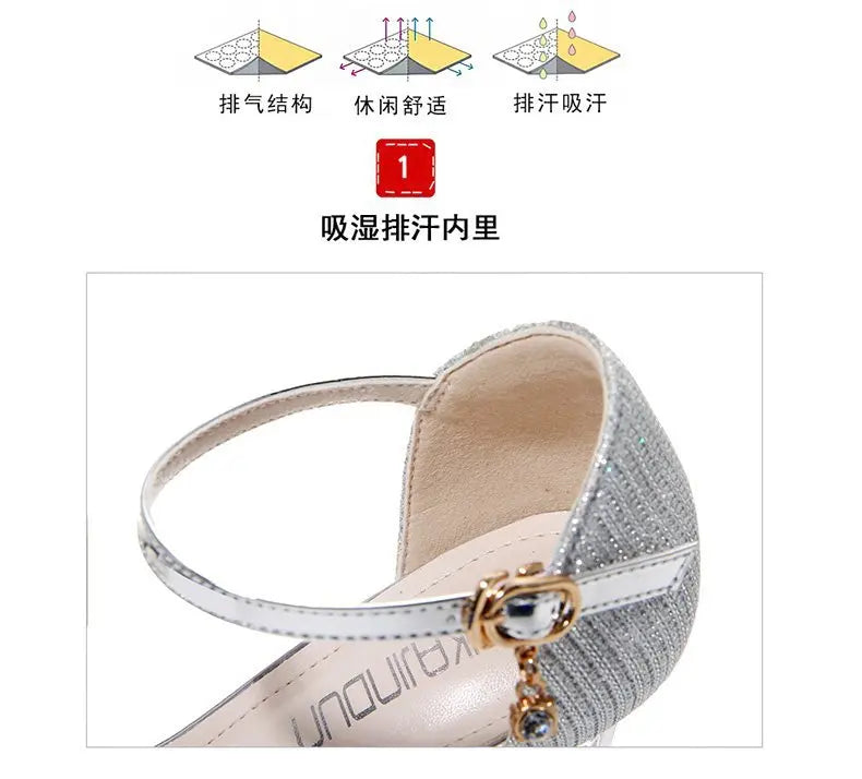 Gold Women Sandals Party High Heels Slip-On Solid Sexy for Ladies Quality Wedding Party Nightclub Sequin Buckle Shoes for Women