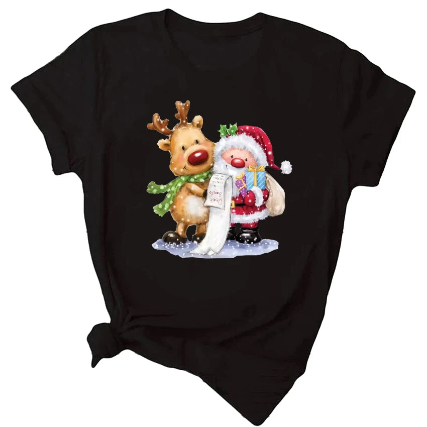 Maycaur Fashion Women's Tops Tee Women Merry Christmas Holiday Tshirts Funny Cartoon Santa Reindeer Printed Black T-shirt Female - reetell