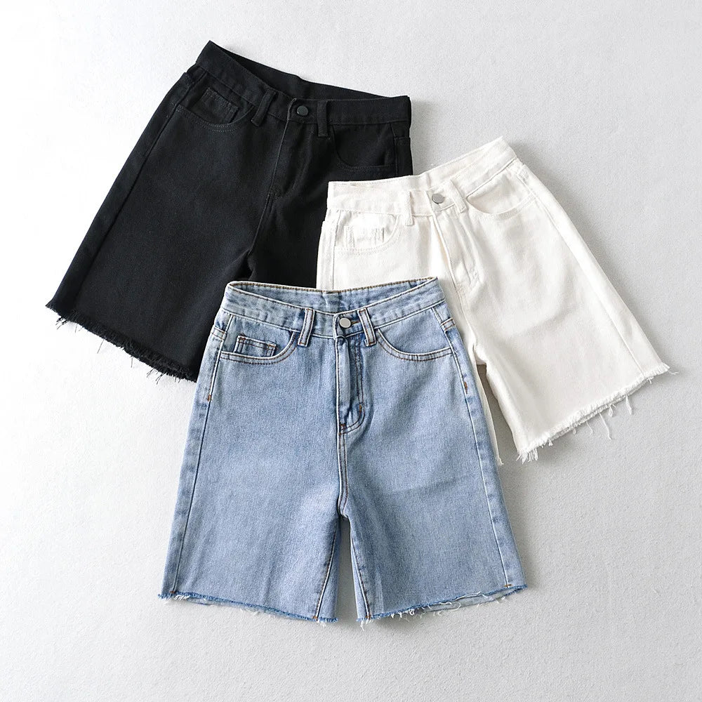 Women High Waist Wide Leg Denim Shorts Tassel 2024 Summer Fashion Streetwear Casual Solid Color Female Loose Straight Jeans - reetell