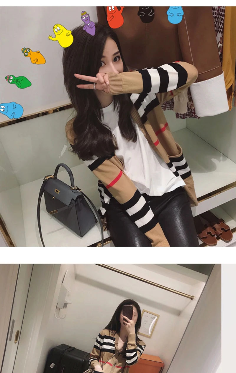 Women Striped Knitted Cardigan Fall Winter Loose Korean Sweater Casual Fashion Office Lady V Neck Single Breasted Design Top - reetell