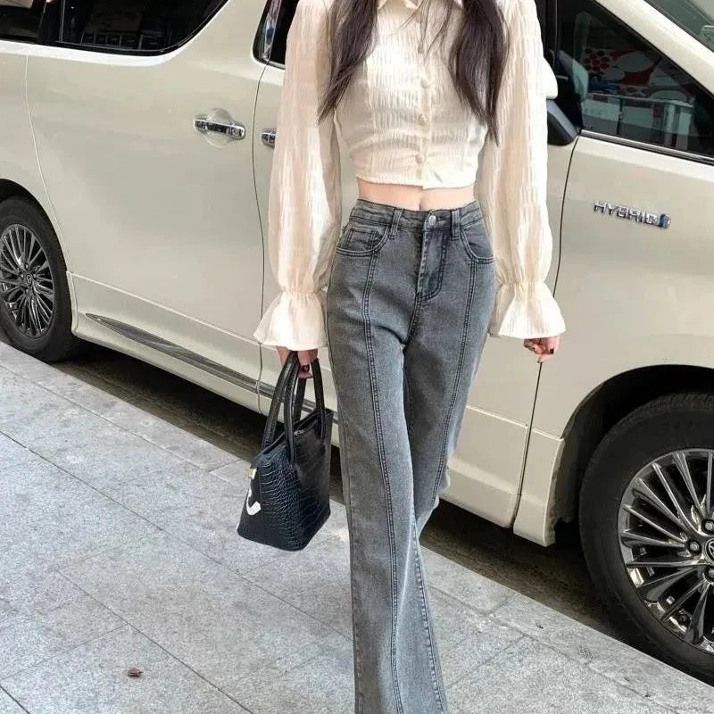 Vintage High Waist Flare Jeans High Street Women Boot Cut Denim Pant Slim Loose Korean Casual Button Up Zippers Gray Trousers - reetell