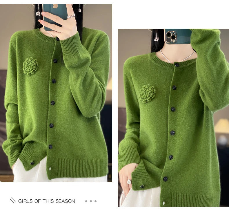 100% Merino Cashmere Sweater Women's Cashmere Cardigan sweater loose solid color autumn and winter comfort top - reetell