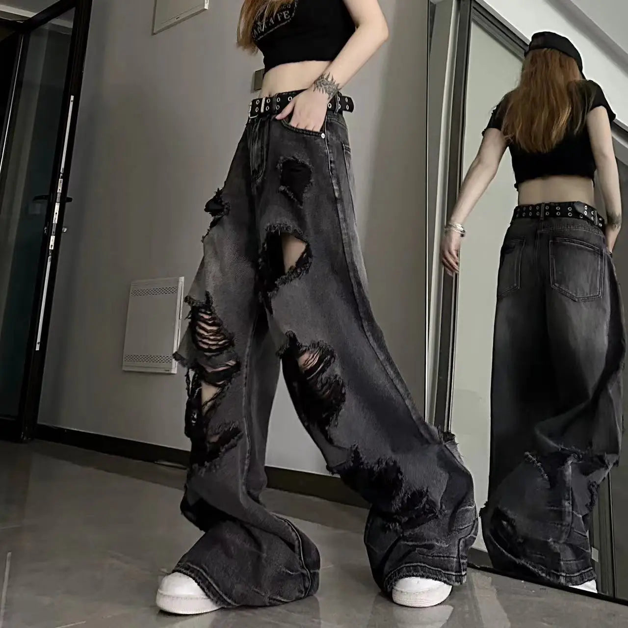 Vintage High Waist Denim Pants Ripped Jeans Women Fashion Loose Wide Leg Straight Pants Y2k Washed Streetwear Female - reetell