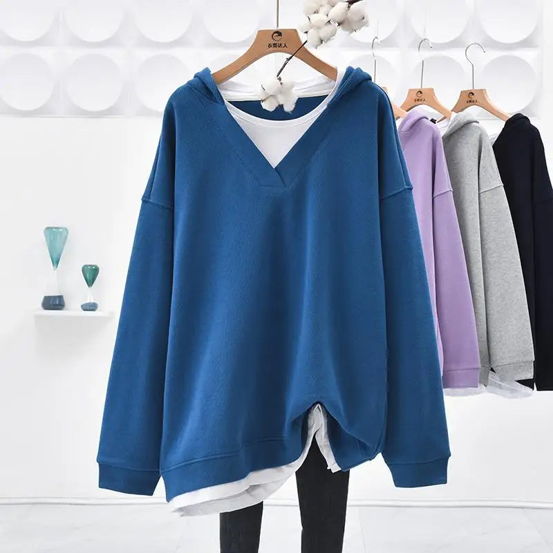 Spring Autumn Oversized Casual Solid Color Hoodies Femme Simplicity Patchwork Loose All-match Top Tee Women Clothes Sweatshirts - reetell