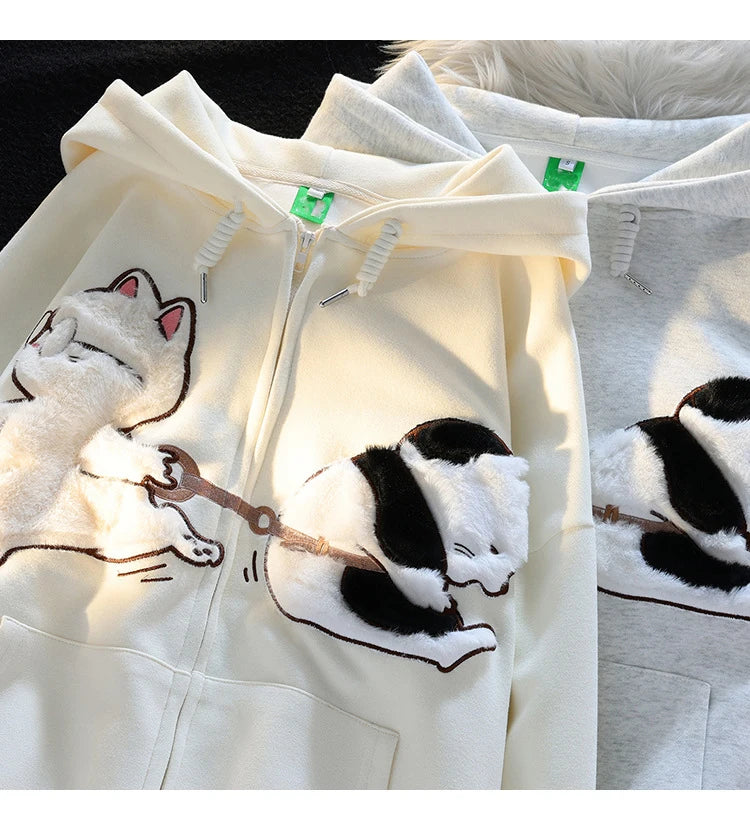 Korean New Design Embroidery Cartoon Hooded Coat Autumn Winter Cat Print Zip Up Women Man Hoodies Streetwear Couples Clothes Top - reetell