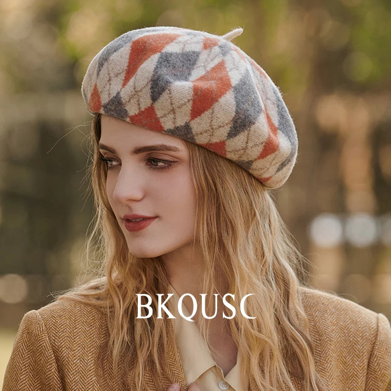 Beret Women Wool Classic Prismatic Check Cashmere Berets French Elegant Pure Wool Vintage Beret Woman Luxury Hats Winter Caps