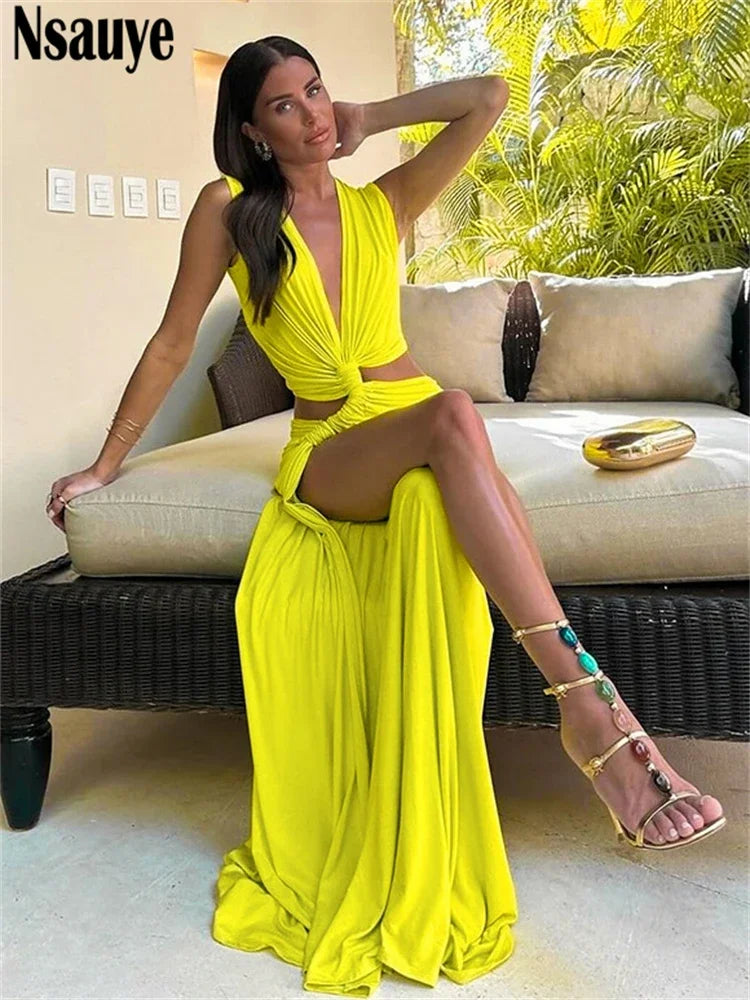 Nsauye Summer Holiday Beach Maxi Sexy Low Cut Out Women Club Dress Evening Party Off Shoulder High Split Elegant Wrap Dress 2024 - reetell