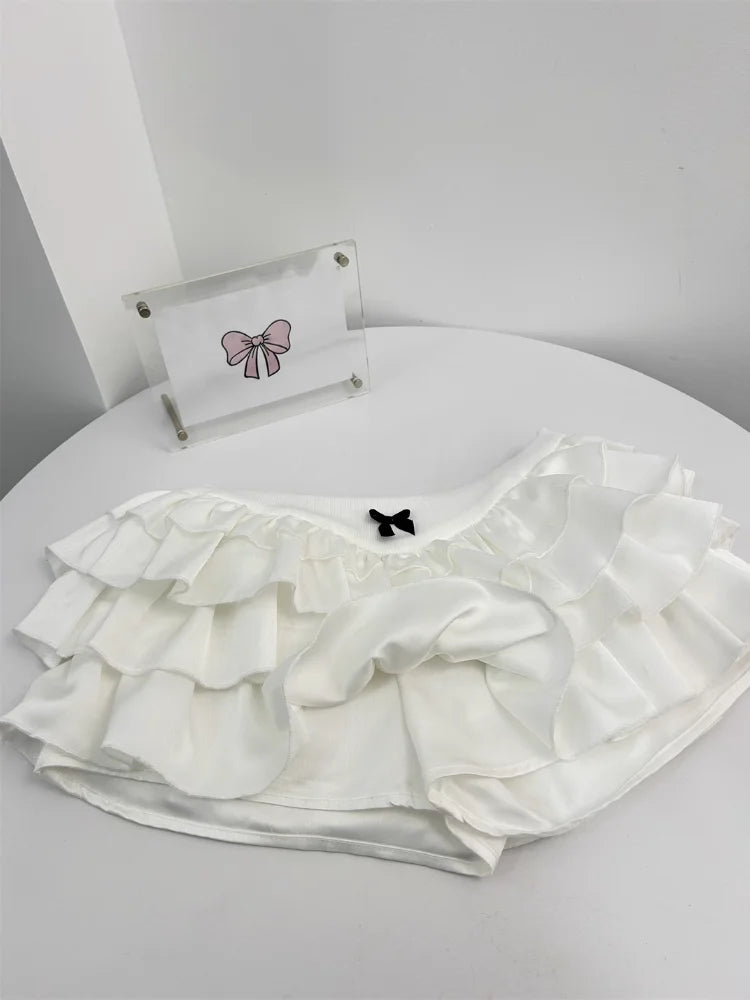 Y2k Kawaii Cute Cake Ruffles White Mini Skirt Women Bow Slim Skirt Elastic Waist Summer A-line Skirt Going Out Party Streetwear - reetell