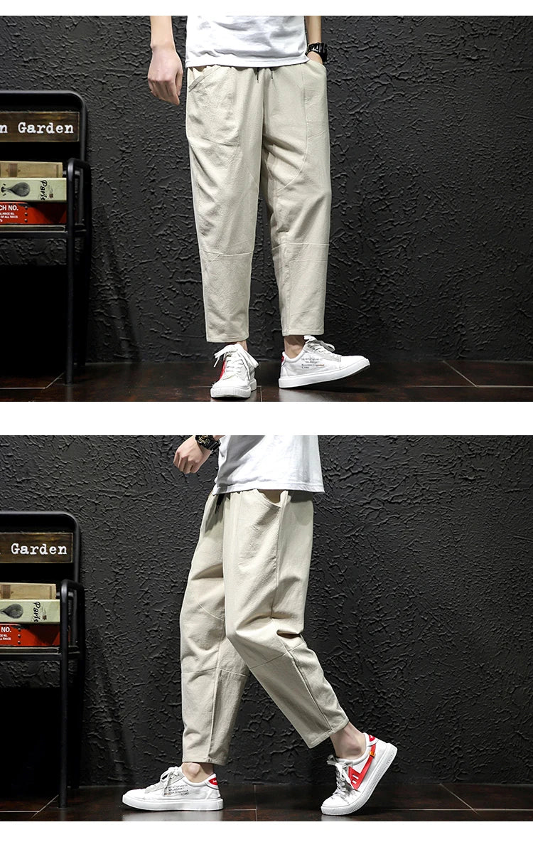 100% Cotton Ankle Length Pants Summer Casual Pants Man Trendy Japanese Loose Pants Men - reetell