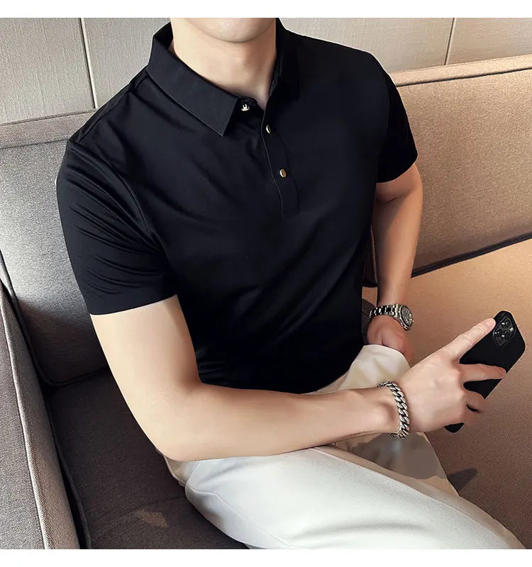 Ice Silk Traceless T-shirt Men's  Business Casual Solid Color Half Sleeve High Elasticity Top Silk Smooth Breathable POLO Shirt